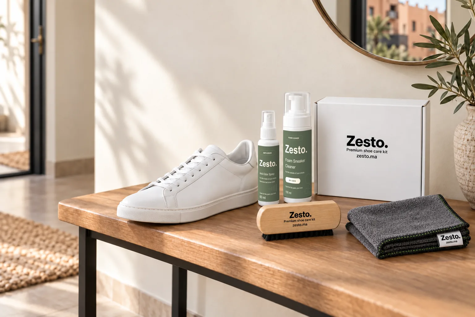 Illustration éditoriale d’une sneaker blanche à côté du Pack Complet Zesto. dans une entrée lumineuse.